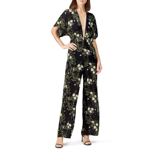 Reformation Lemongrass Jumpsuit Isabella Floral Plunge Black White - Picture 5 of 15